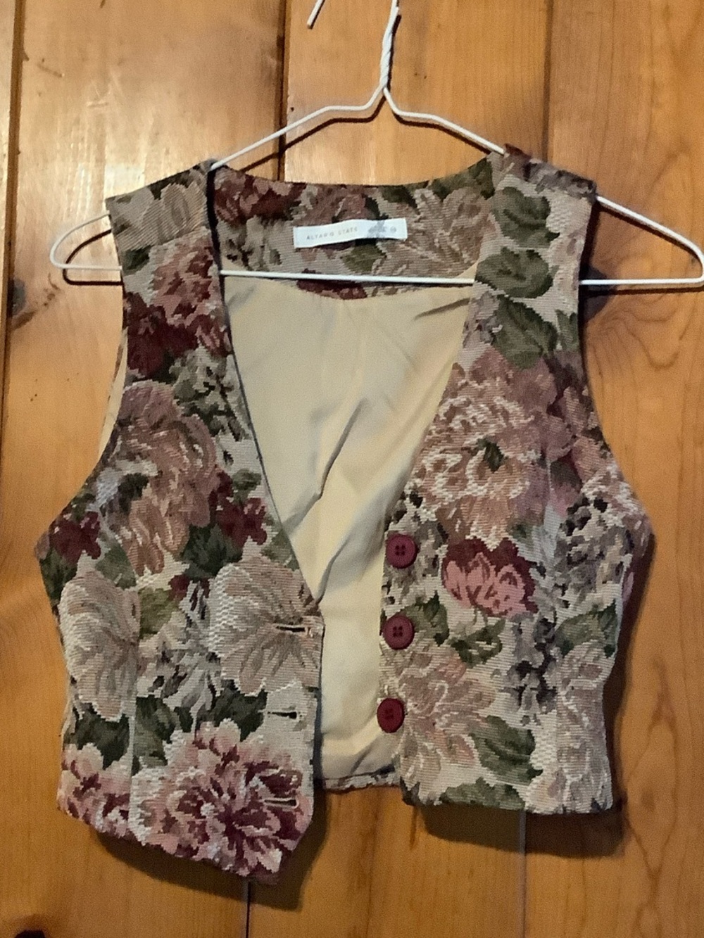 Altar'd State Floral Tapestry Button-Front Vest - Beige, Green & Mauve